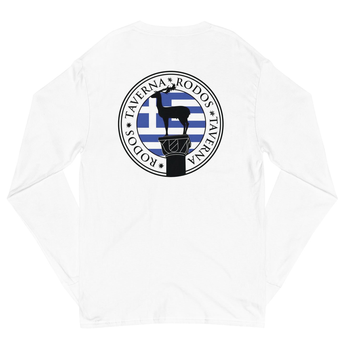 Men's Long-Sleeved Shirt "TAVERNA RODOS" Printed on Back in Classic White or Basic Black