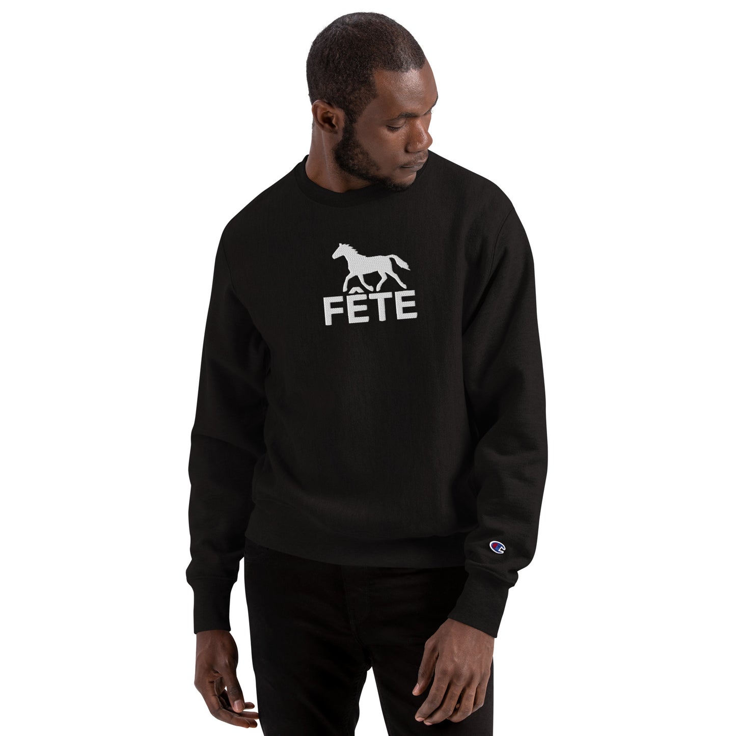 Men's Sweatshirt "FETE" Embroidered in Classic White on Basic Black