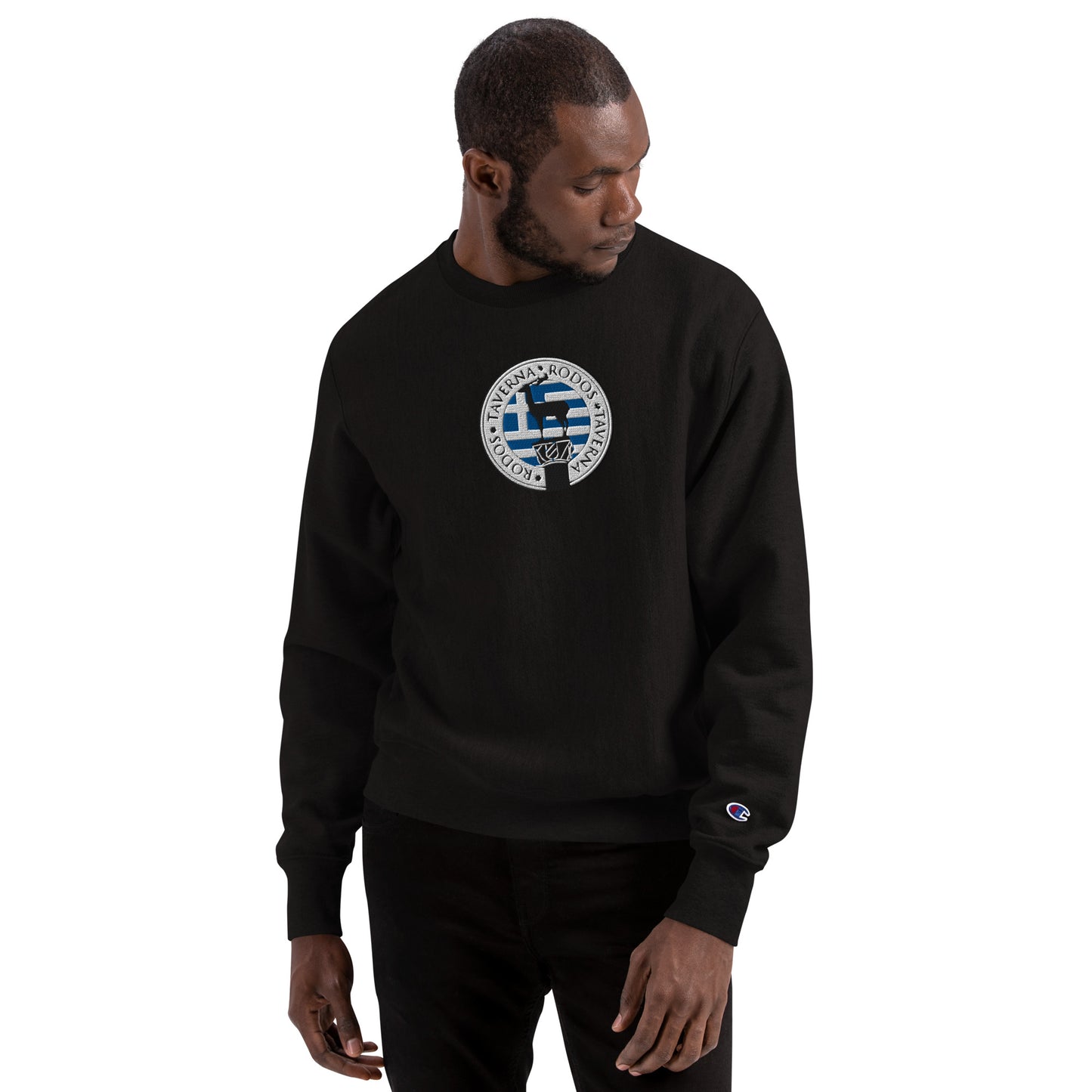 Men's Sweatshirt "TAVERNA RODOS" Embroidered in Classic White on Basic Black