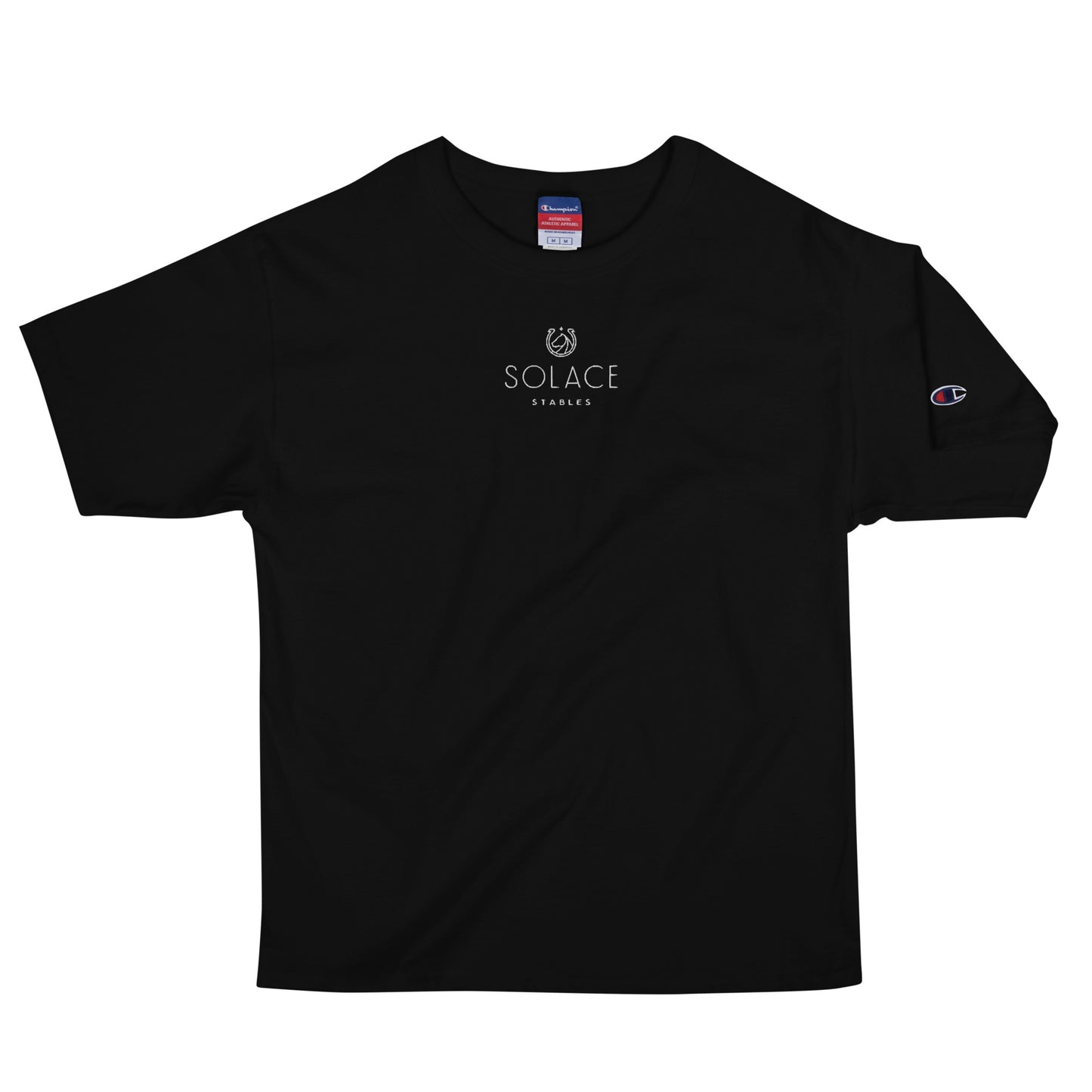Men's T-Shirt "SOLACE STABLES" Embroidered in Classic White on Basic Black