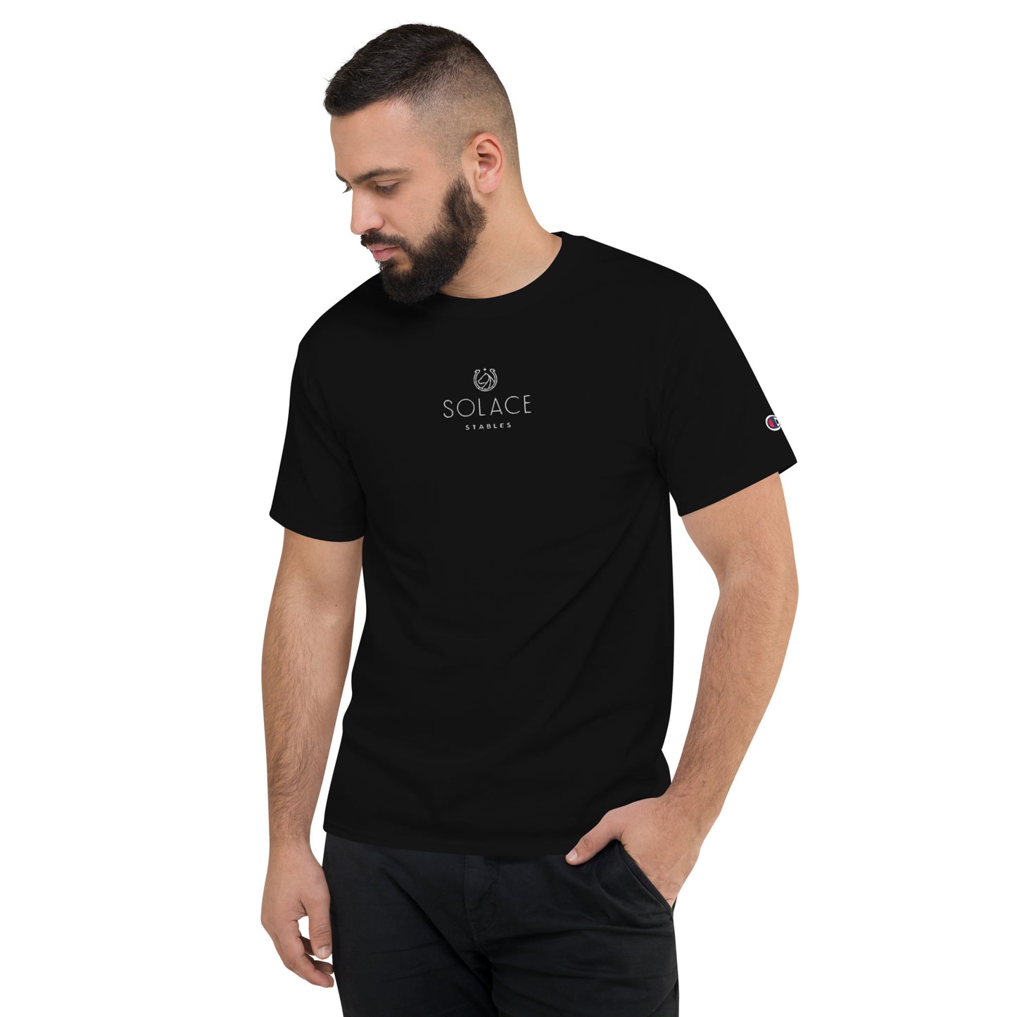 Men's T-Shirt "SOLACE STABLES" Embroidered in Classic White on Basic Black