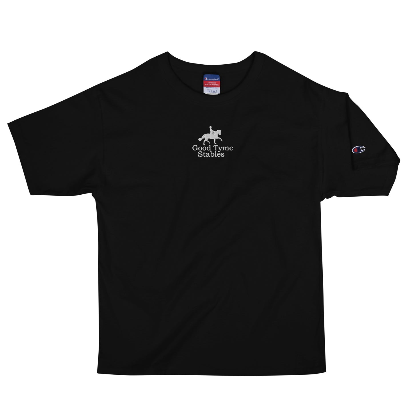 Men's T-Shirt "GOOD TYME STABLES" Embroidered in Classic White on Basic Black