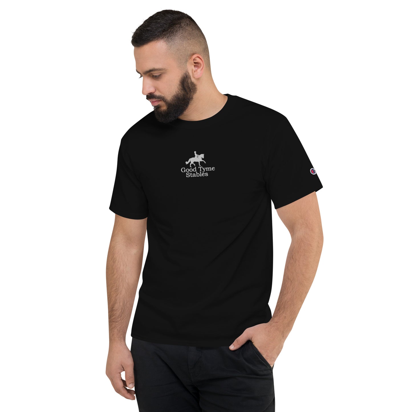 Men's T-Shirt "GOOD TYME STABLES" Embroidered in Classic White on Basic Black