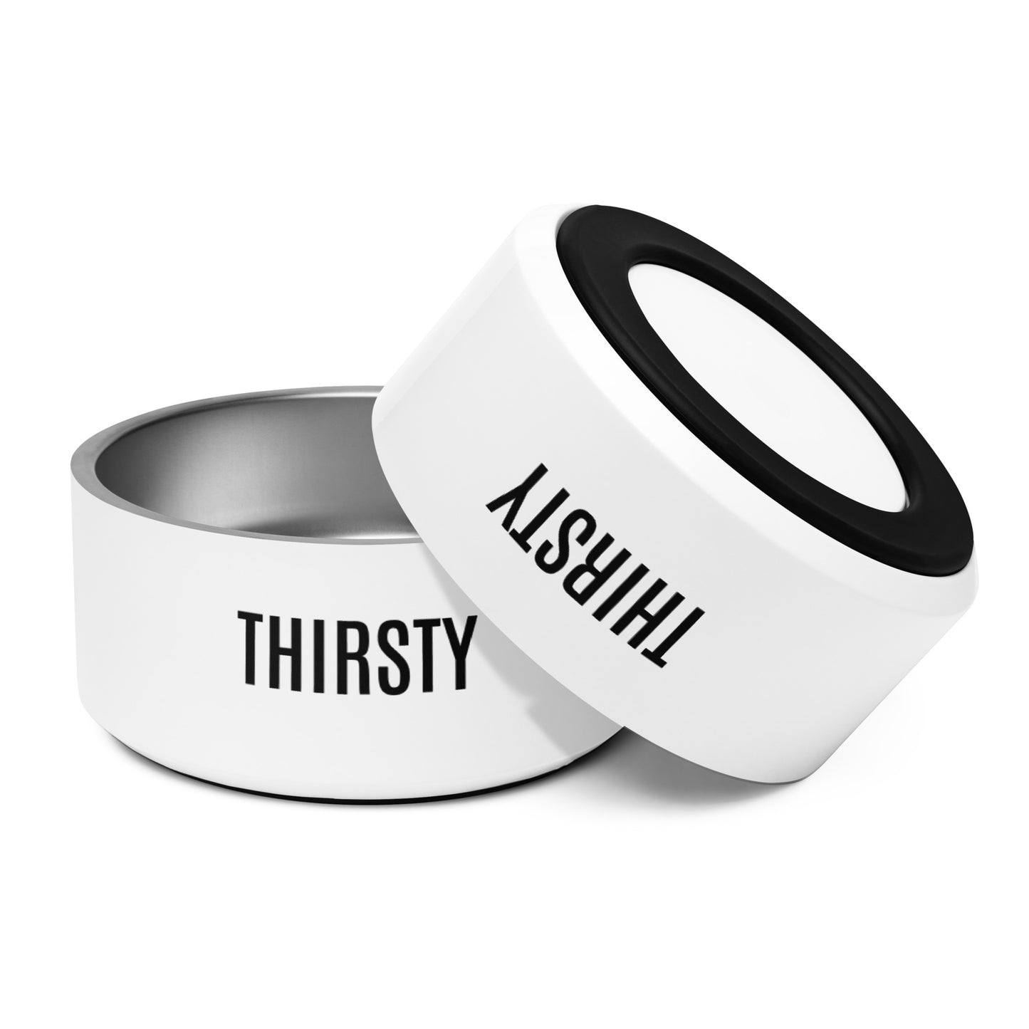 Pet Bowl "THIRSTY" in Classic White & Basic Black