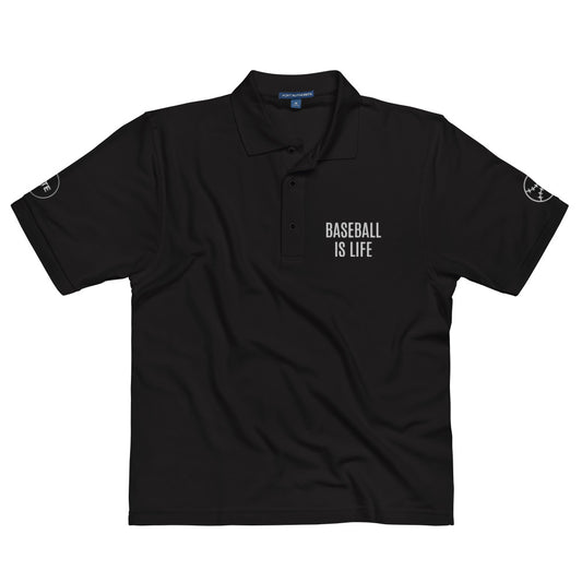 Men's Polo Shirt "BASEBALL IS LIFE" Embroidered in Classic White on Basic Black, French Navy or Storm Grey