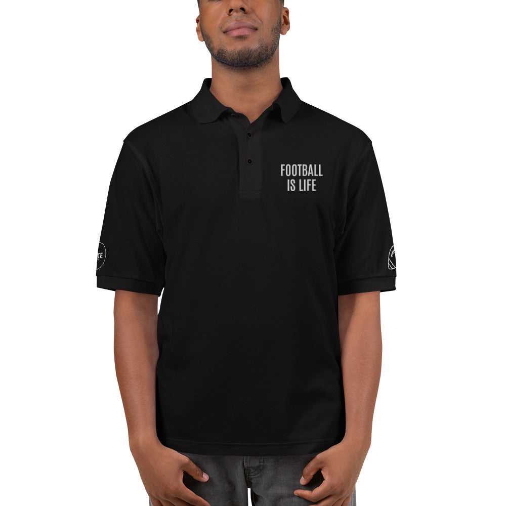 Men's Polo Shirt "FOOTBALL IS LIFE" Embroidered in Classic White on Basic Black, French Navy or Storm Grey