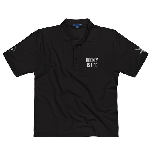 Men's Polo Shirt "HOCKEY IS LIFE" Embroidered in Classic White on Basic Black, French Navy or Storm Grey
