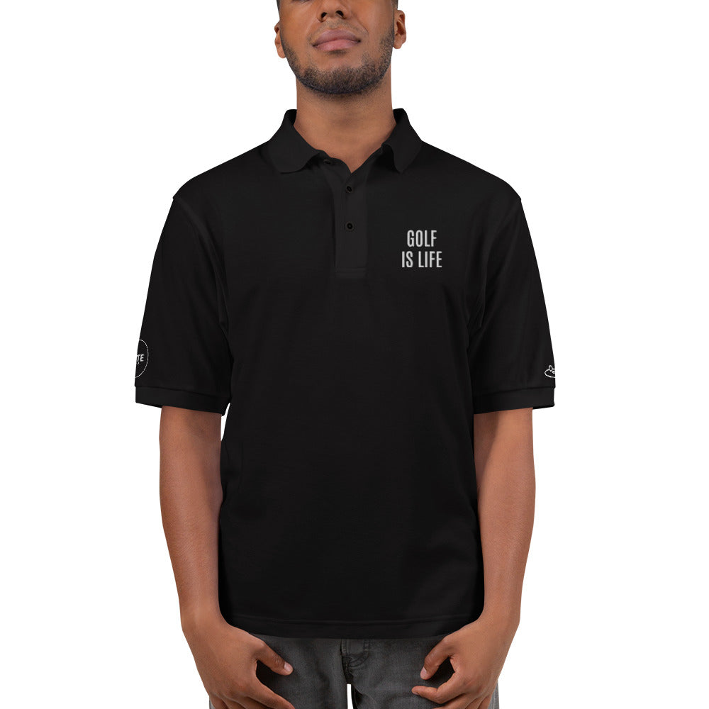 Men's Polo Shirt "GOLF IS LIFE" Embroidered in Classic White on Basic Black, French Navy or Storm Grey