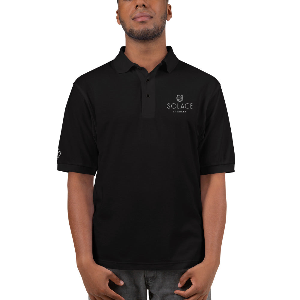 Men's Polo Shirt "SOLACE STABLES" Embroidered in Classic White on Basic Black, Canadian Red, French Navy or Storm Grey with Custom Sleeve