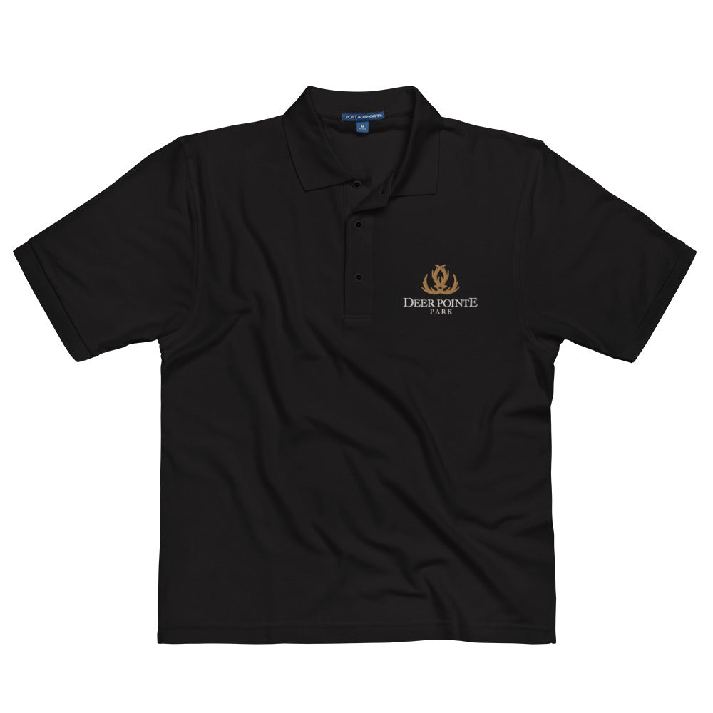 Men's Polo Shirt "DEER POINTE PARK" Embroidered in Classic White on Basic Black, Canadian Red, French Navy or Storm Grey