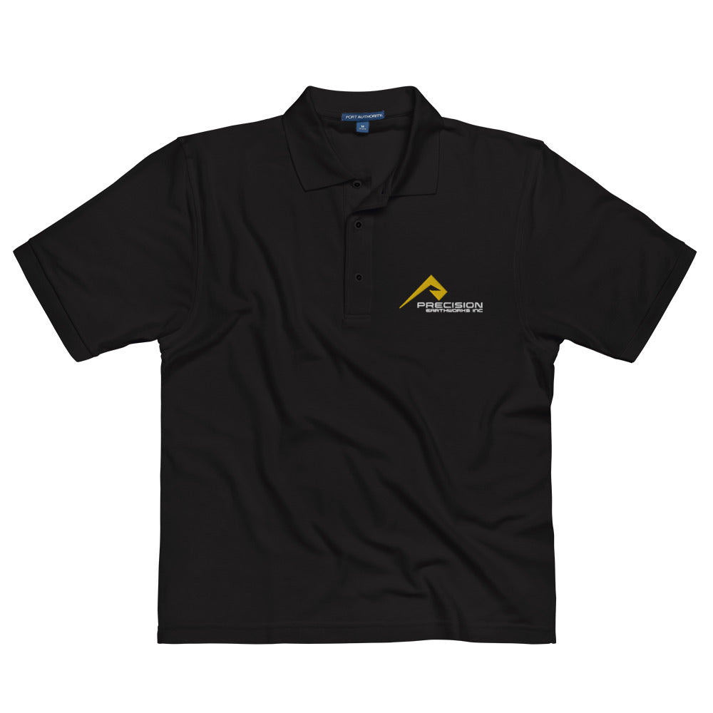 Men's Polo Shirt "PRECISION EARTHWORKS INC" Embroidered in Classic White & Gold on Basic Black