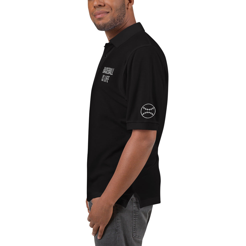 Men's Polo Shirt "BASEBALL IS LIFE" Embroidered in Classic White on Basic Black, French Navy or Storm Grey