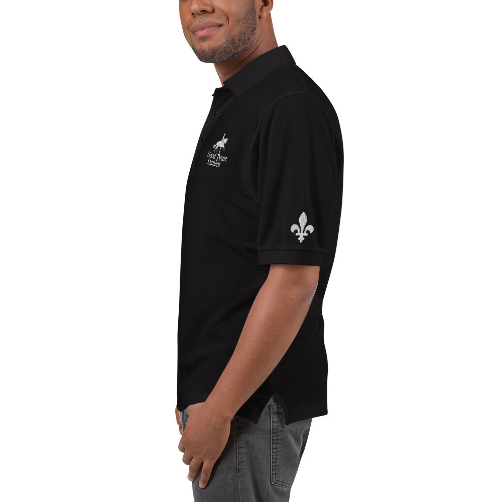 Men's Polo Shirt "GOOD TYME STABLES" Embroidered in Classic White on Basic Black, Canadian Red, French Navy or Storm Grey with Custom Sleeves