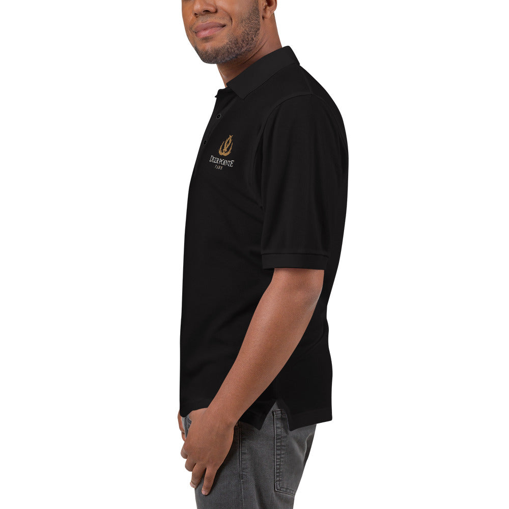 Men's Polo Shirt "DEER POINTE PARK" Embroidered in Classic White on Basic Black, Canadian Red, French Navy or Storm Grey