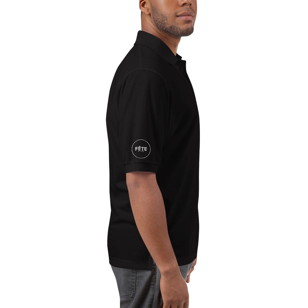 Men's Polo Shirt "MUSIC IS LIFE" Embroidered in Classic White on Basic Black, French Navy or Storm Grey