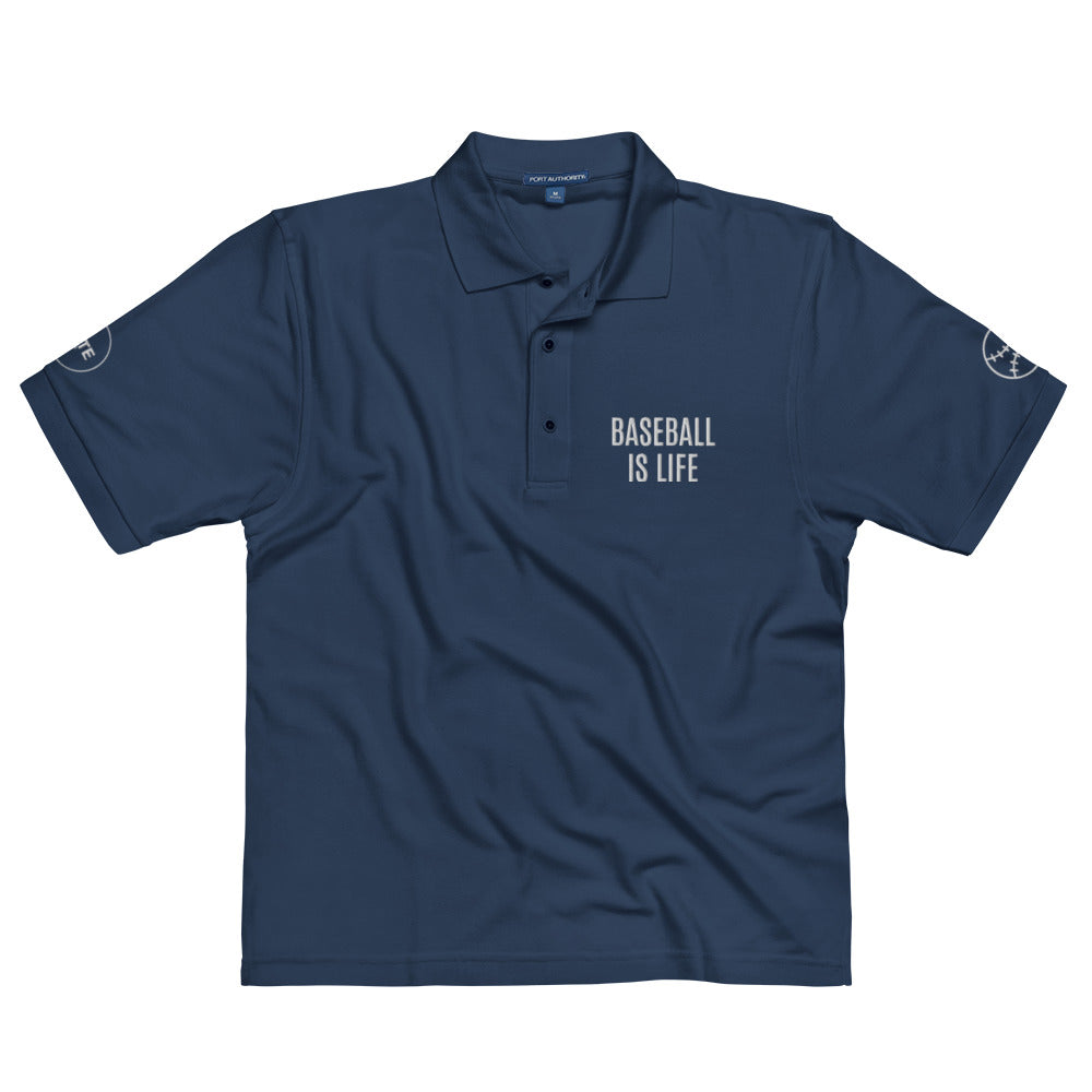 Men's Polo Shirt "BASEBALL IS LIFE" Embroidered in Classic White on Basic Black, French Navy or Storm Grey