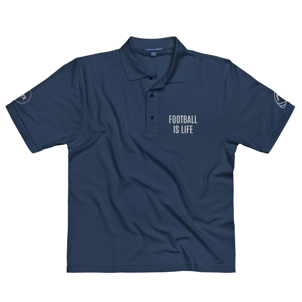 Men's Polo Shirt "FOOTBALL IS LIFE" Embroidered in Classic White on Basic Black, French Navy or Storm Grey
