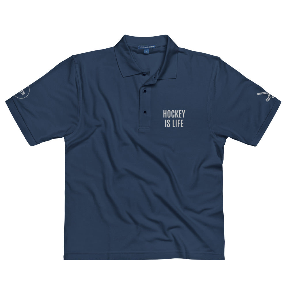 Men's Polo Shirt "HOCKEY IS LIFE" Embroidered in Classic White on Basic Black, French Navy or Storm Grey