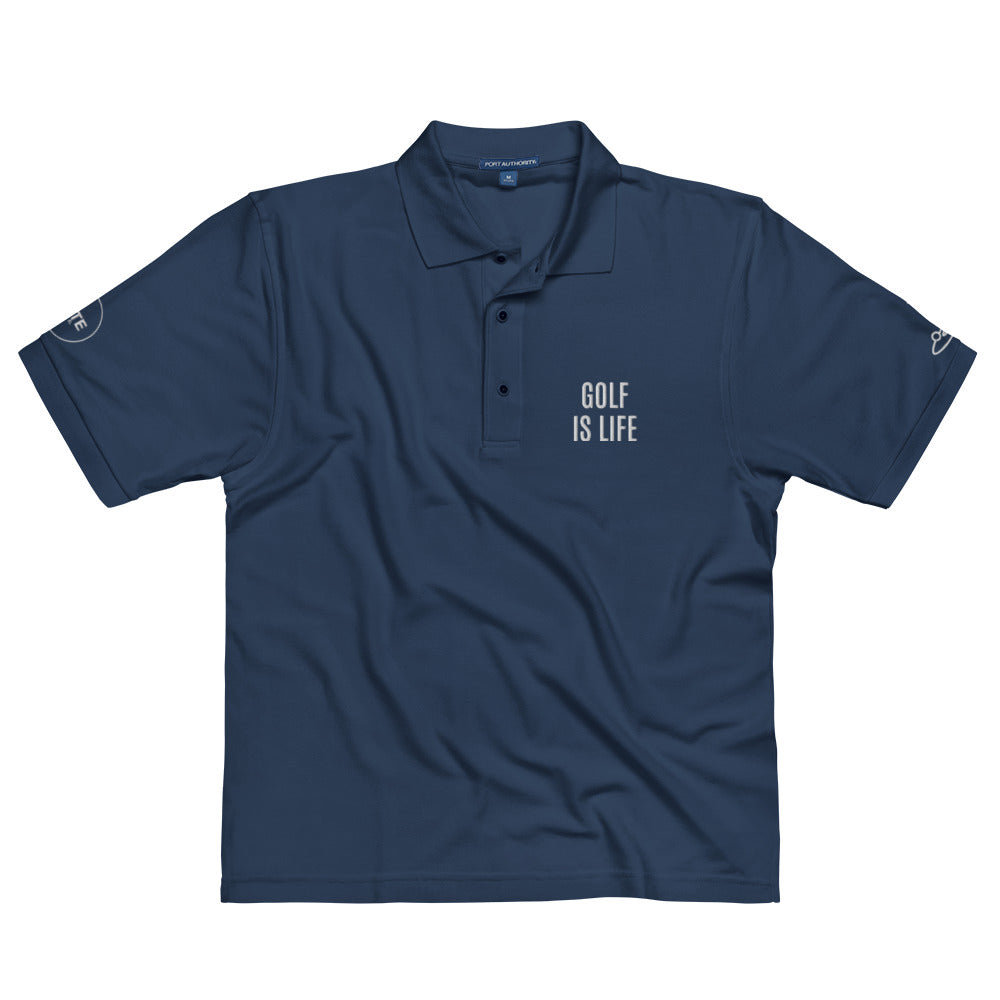 Men's Polo Shirt "GOLF IS LIFE" Embroidered in Classic White on Basic Black, French Navy or Storm Grey
