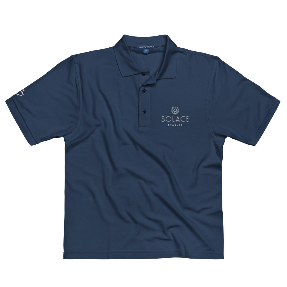 Men's Polo Shirt "SOLACE STABLES" Embroidered in Classic White on Basic Black, Canadian Red, French Navy or Storm Grey with Custom Sleeve