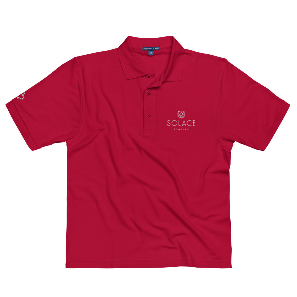 Men's Polo Shirt "SOLACE STABLES" Embroidered in Classic White on Basic Black, Canadian Red, French Navy or Storm Grey with Custom Sleeve