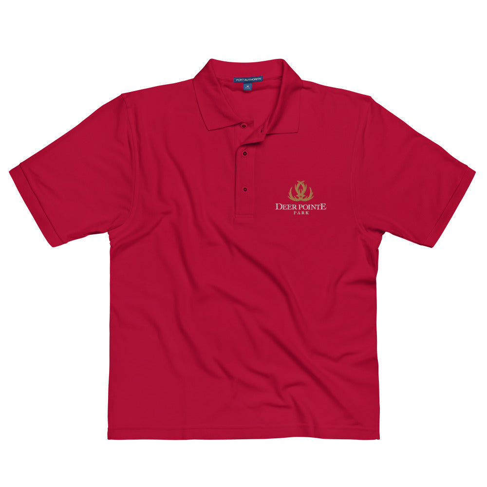 Men's Polo Shirt "DEER POINTE PARK" Embroidered in Classic White on Basic Black, Canadian Red, French Navy or Storm Grey