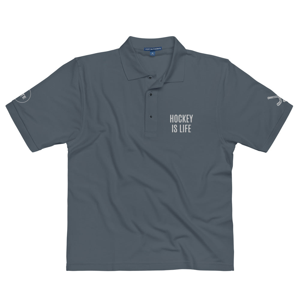 Men's Polo Shirt "HOCKEY IS LIFE" Embroidered in Classic White on Basic Black, French Navy or Storm Grey