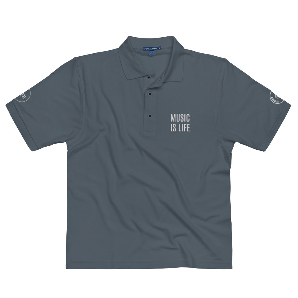 Men's Polo Shirt "MUSIC IS LIFE" Embroidered in Classic White on Basic Black, French Navy or Storm Grey