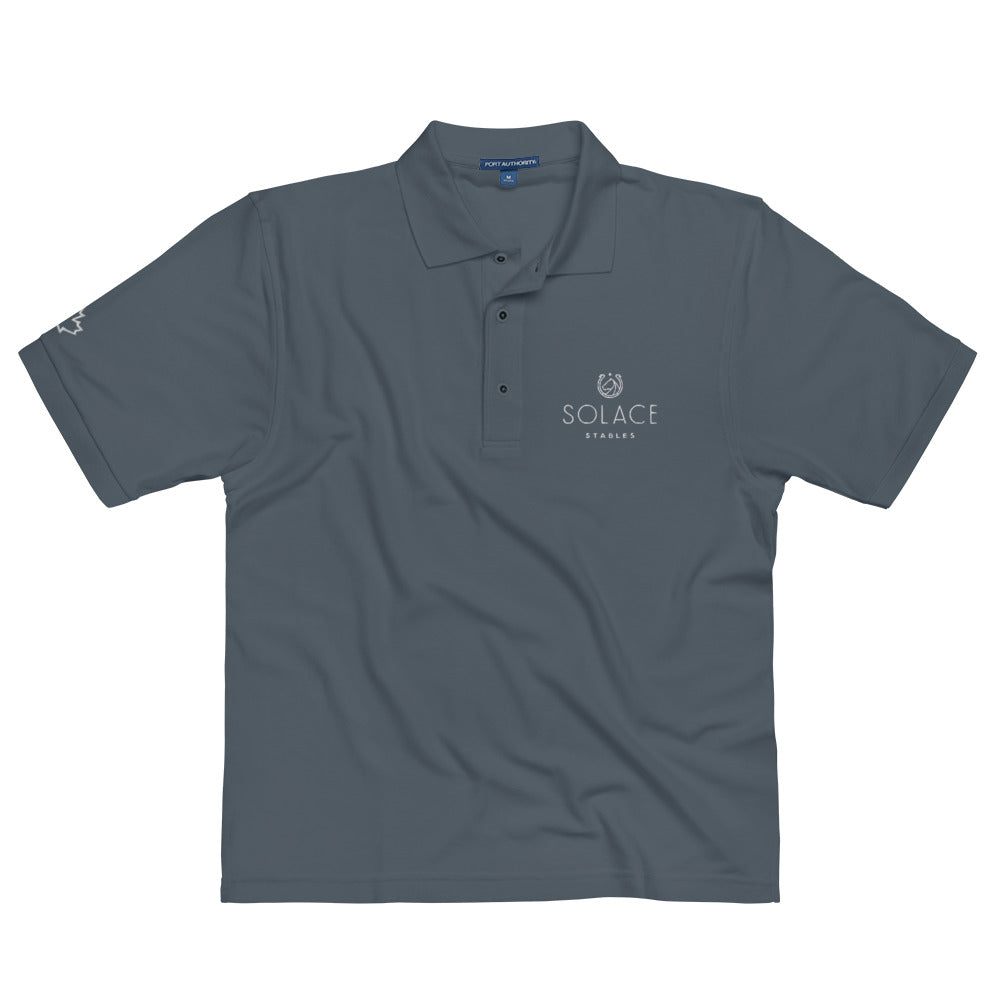 Men's Polo Shirt "SOLACE STABLES" Embroidered in Classic White on Basic Black, Canadian Red, French Navy or Storm Grey with Custom Sleeve