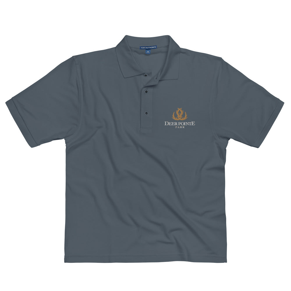 Men's Polo Shirt "DEER POINTE PARK" Embroidered in Classic White on Basic Black, Canadian Red, French Navy or Storm Grey