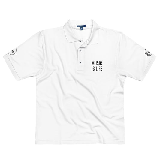 Men's Polo Shirt "MUSIC IS LIFE" Embroidered in Basic Black on Classic White