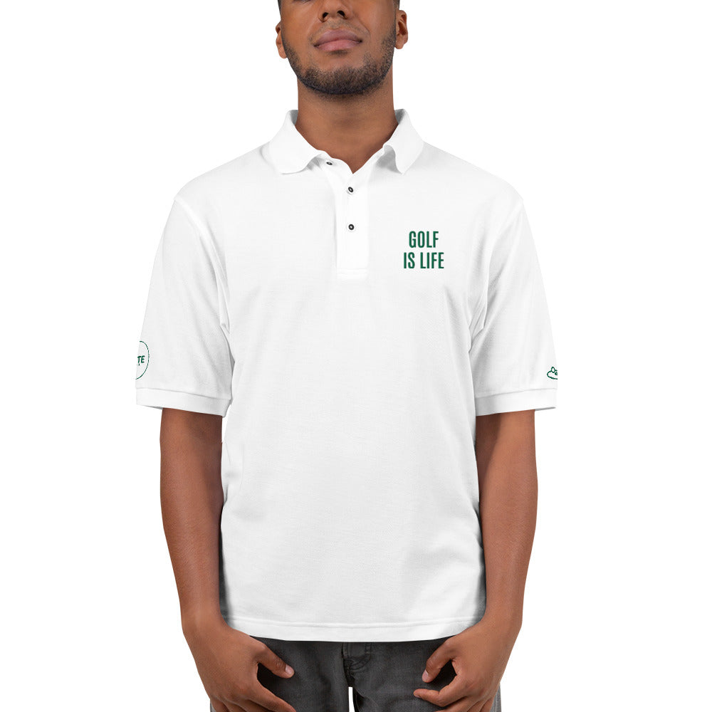Men's Polo Shirt "GOLF IS LIFE" Embroidered in Racing Green on Classic White