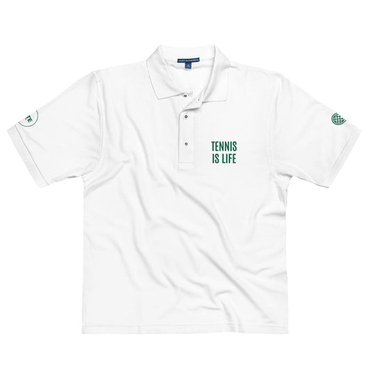 Men's Polo Shirt "TENNIS IS LIFE" Embroidered in Racing Green on Classic White