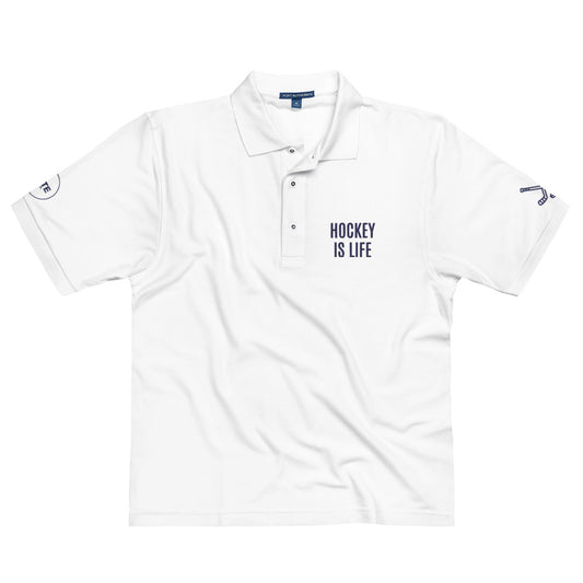 Men's Polo Shirt "HOCKEY IS LIFE" Embroidered in French Navy on Classic White
