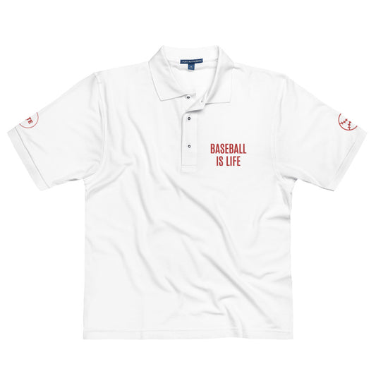 Men's Polo Shirt "BASEBALL IS LIFE" Embroidered in Canadian Red on Classic White