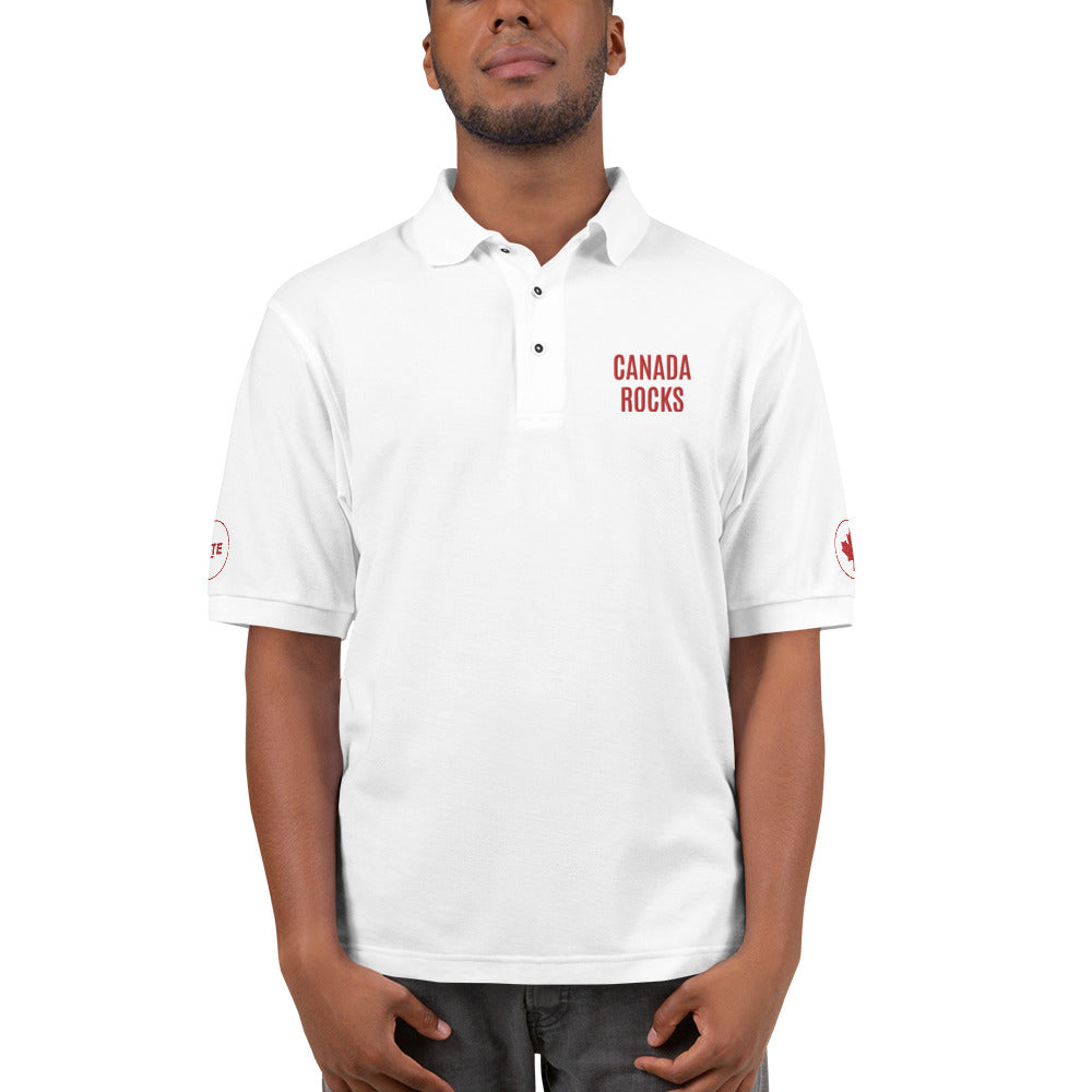 Men's Polo Shirt "CANADA ROCKS" Embroidered in Canadian Red on Classic White