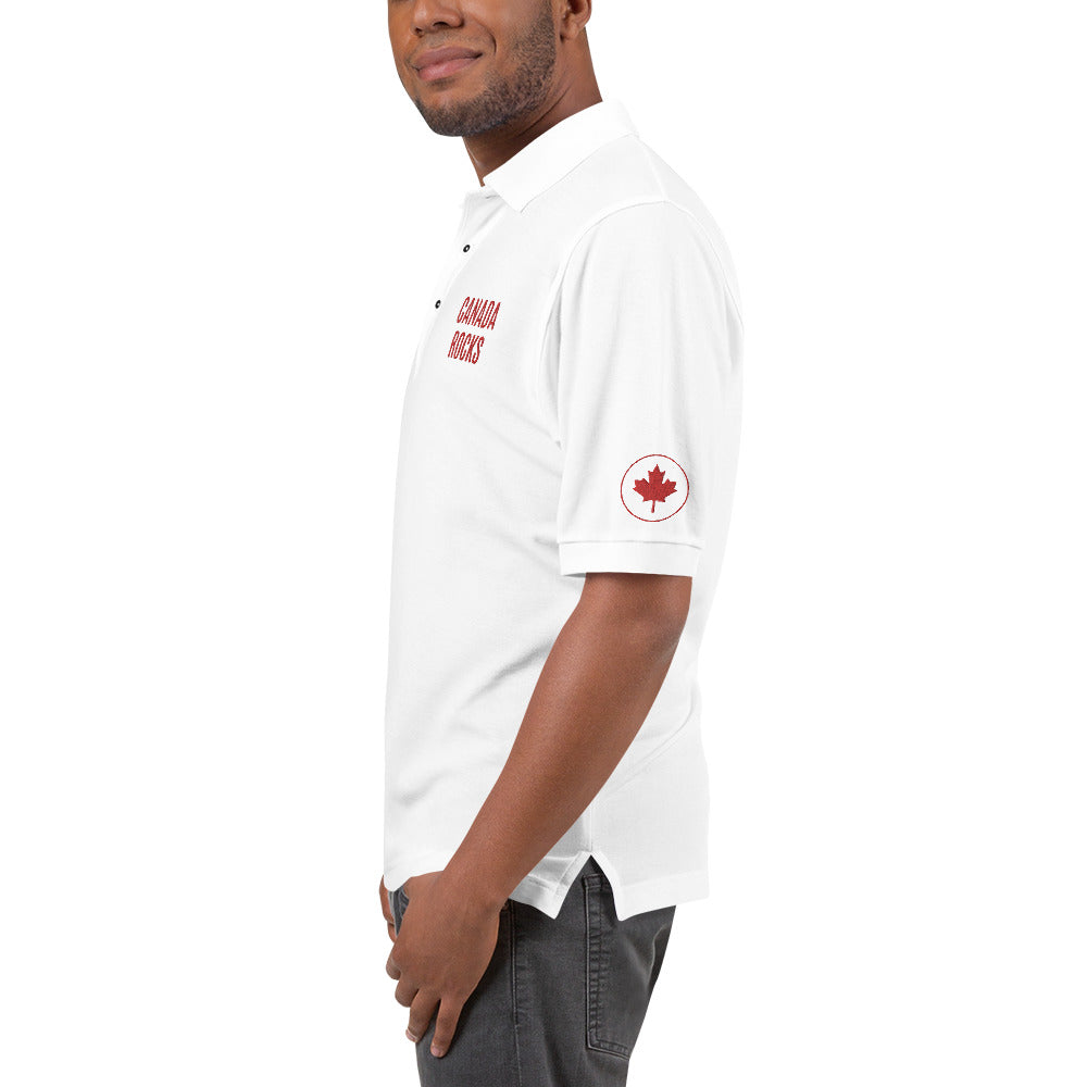 Men's Polo Shirt "CANADA ROCKS" Embroidered in Canadian Red on Classic White