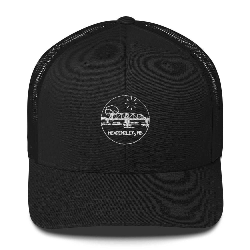 Trucker Cap "HEADINGLEY, MB" Embroidered in Classic White on Basic Black, French Navy or Canadian Red