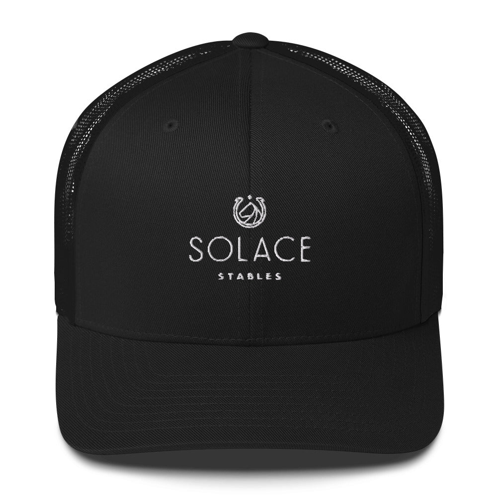 Trucker Cap "SOLACE STABLES" Embroidered in Classic White on Basic Black, French Navy or Canadian Red