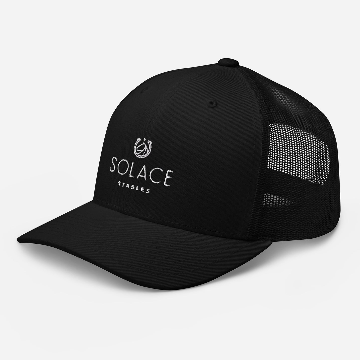Trucker Cap "SOLACE STABLES" Embroidered in Classic White on Basic Black, French Navy or Canadian Red
