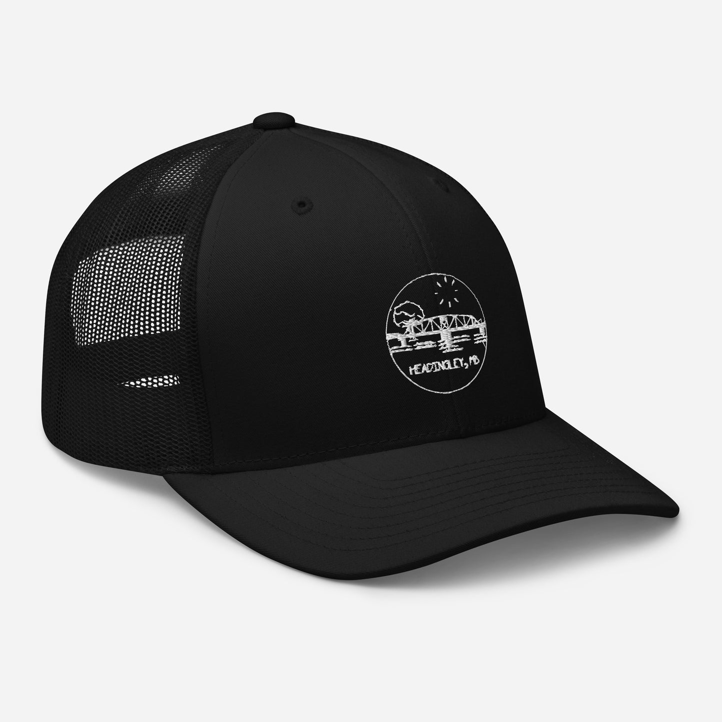 Trucker Cap "HEADINGLEY, MB" Embroidered in Classic White on Basic Black, French Navy or Canadian Red