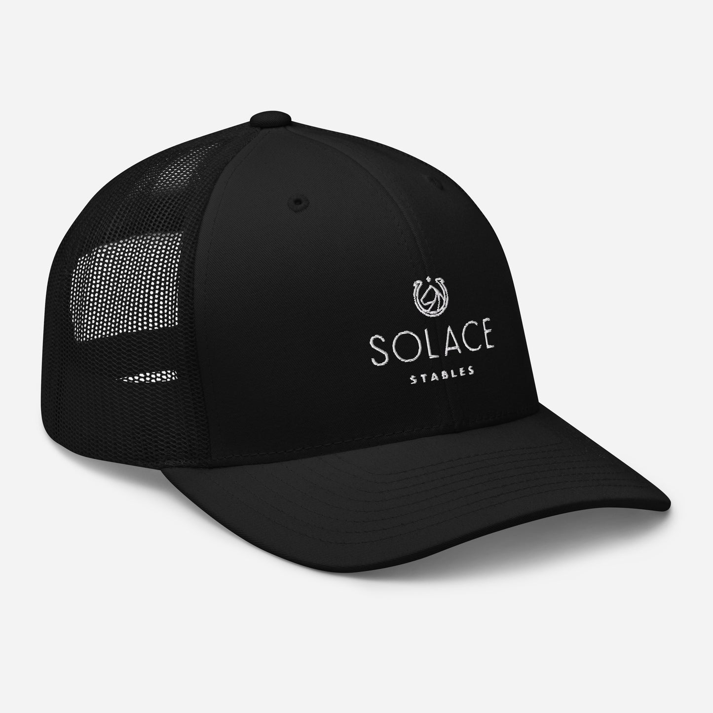 Trucker Cap "SOLACE STABLES" Embroidered in Classic White on Basic Black, French Navy or Canadian Red