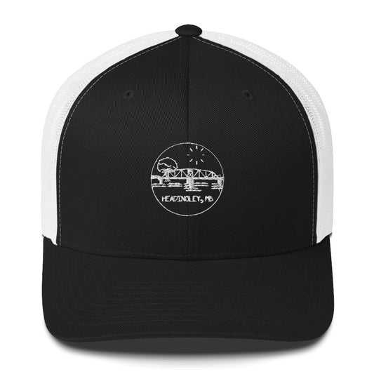 Trucker Cap "HEADINGLEY, MB" Embroidered in Classic White on Basic Black, French Navy or Canadian Red