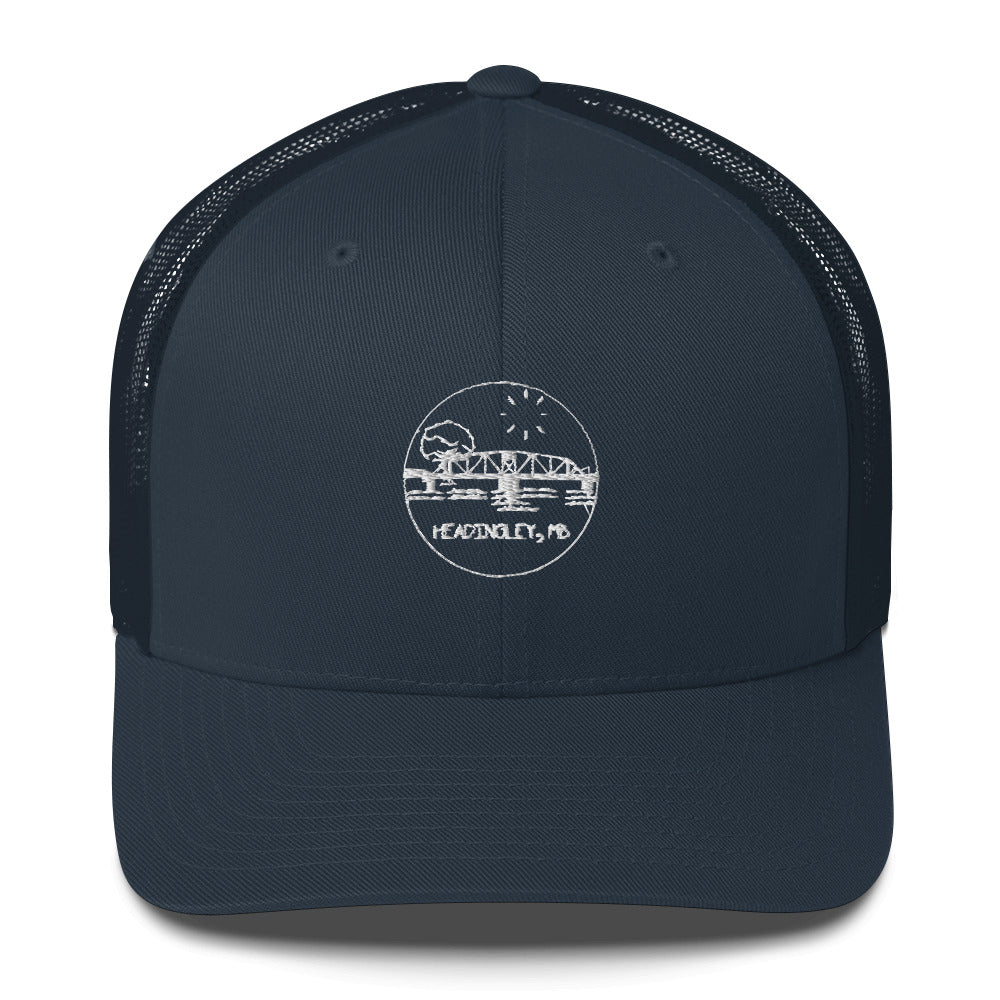 Trucker Cap "HEADINGLEY, MB" Embroidered in Classic White on Basic Black, French Navy or Canadian Red