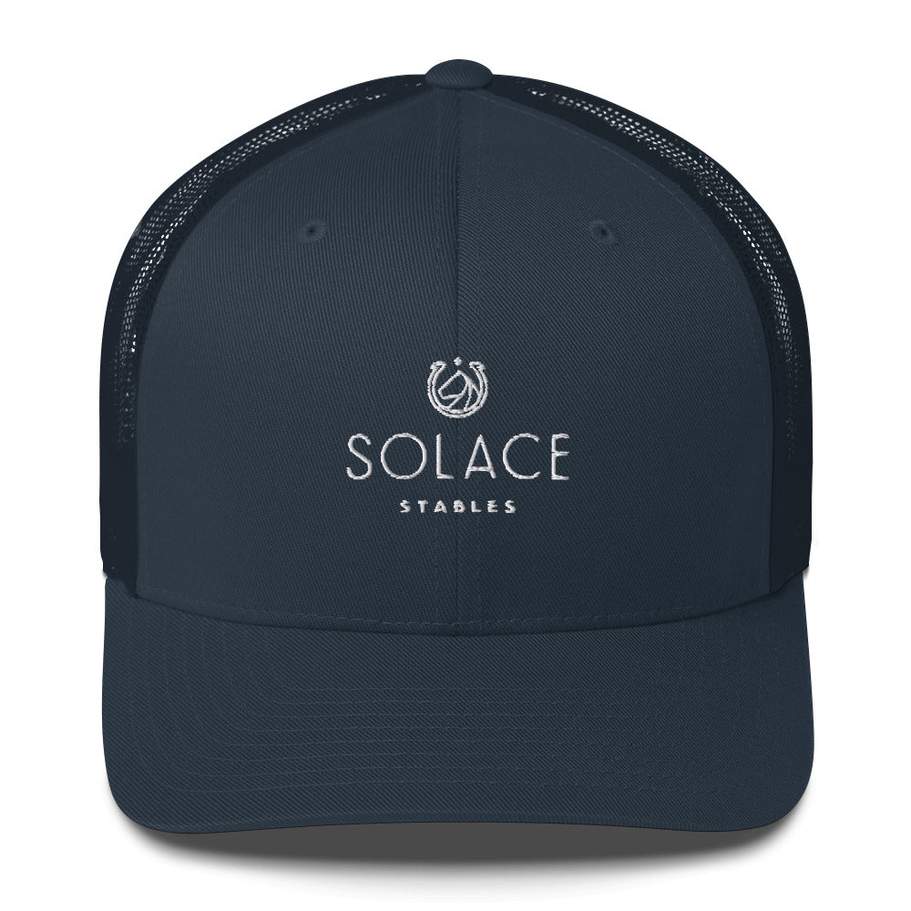 Trucker Cap "SOLACE STABLES" Embroidered in Classic White on Basic Black, French Navy or Canadian Red