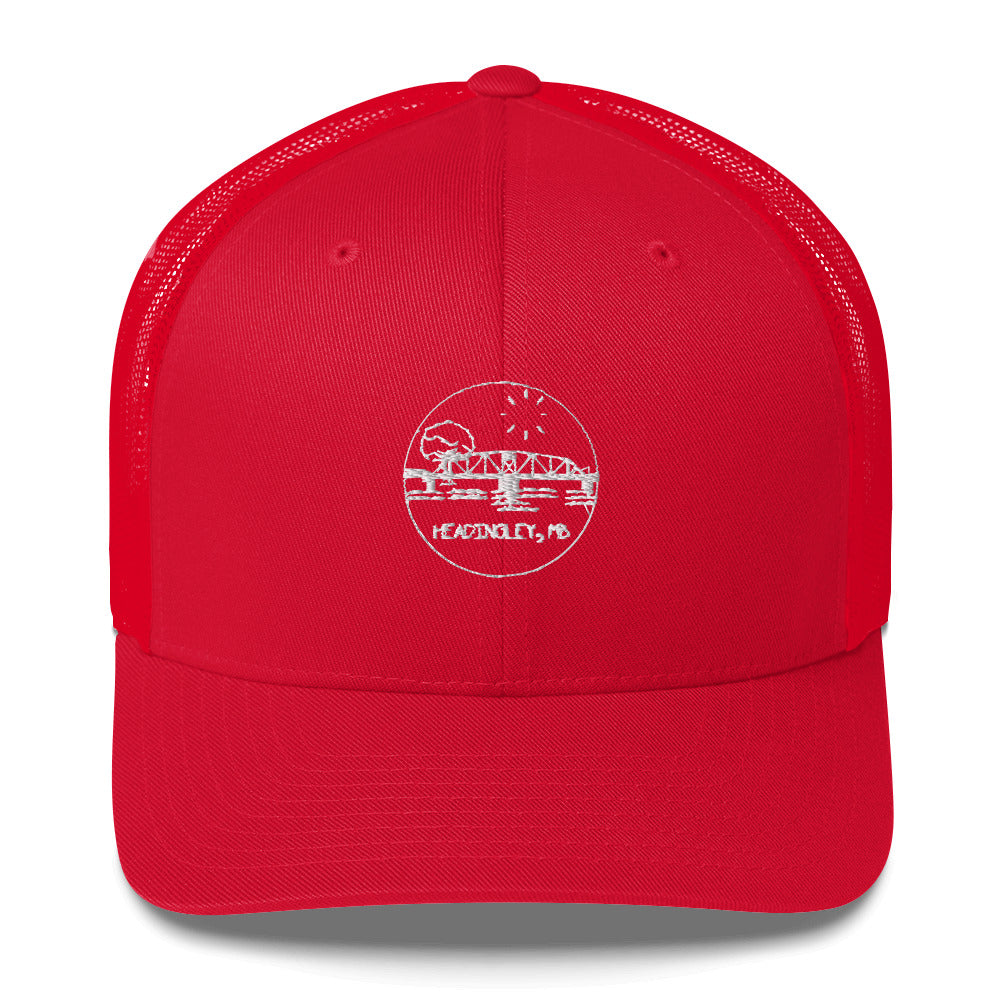 Trucker Cap "HEADINGLEY, MB" Embroidered in Classic White on Basic Black, French Navy or Canadian Red