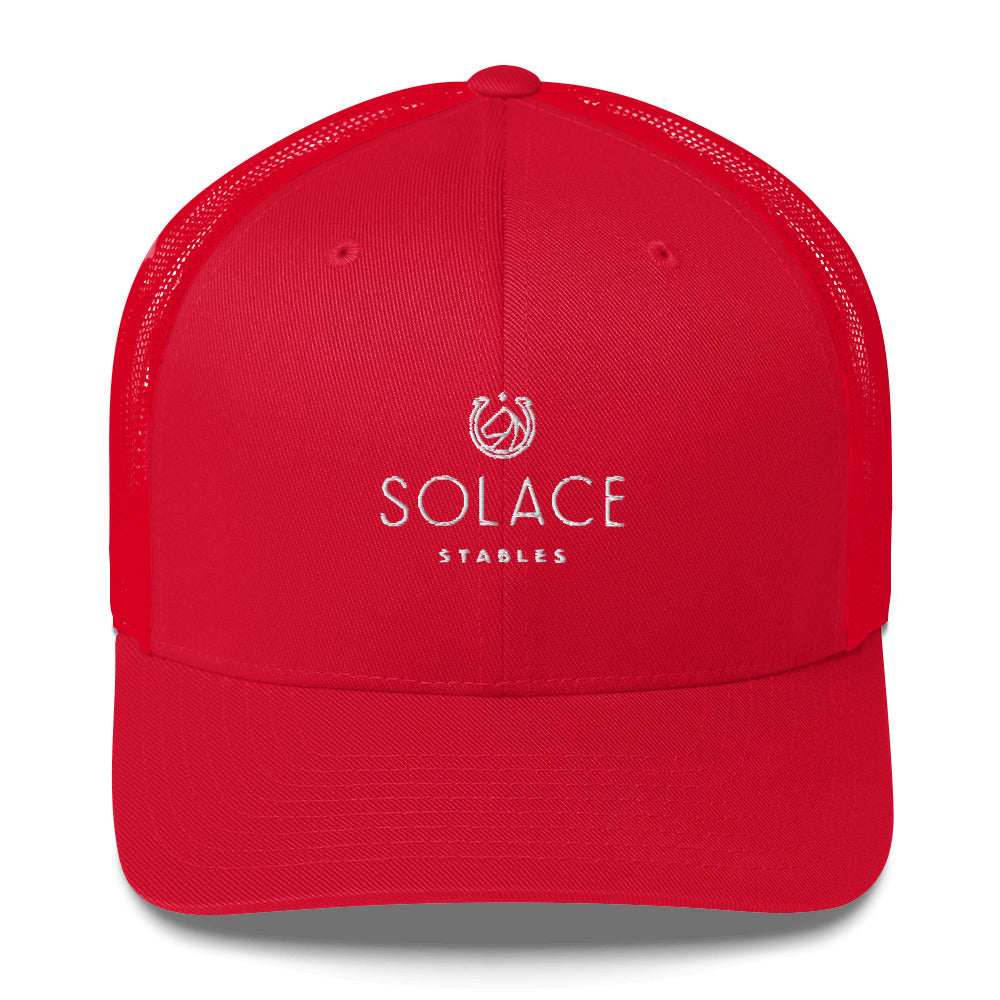 Trucker Cap "SOLACE STABLES" Embroidered in Classic White on Basic Black, French Navy or Canadian Red