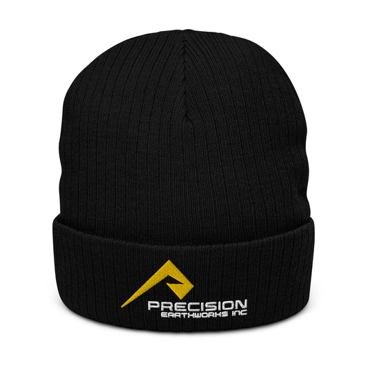 Beanie "PRECISION EARTHWORKS INC" Embroidered in Classic White & Gold on Basic Black