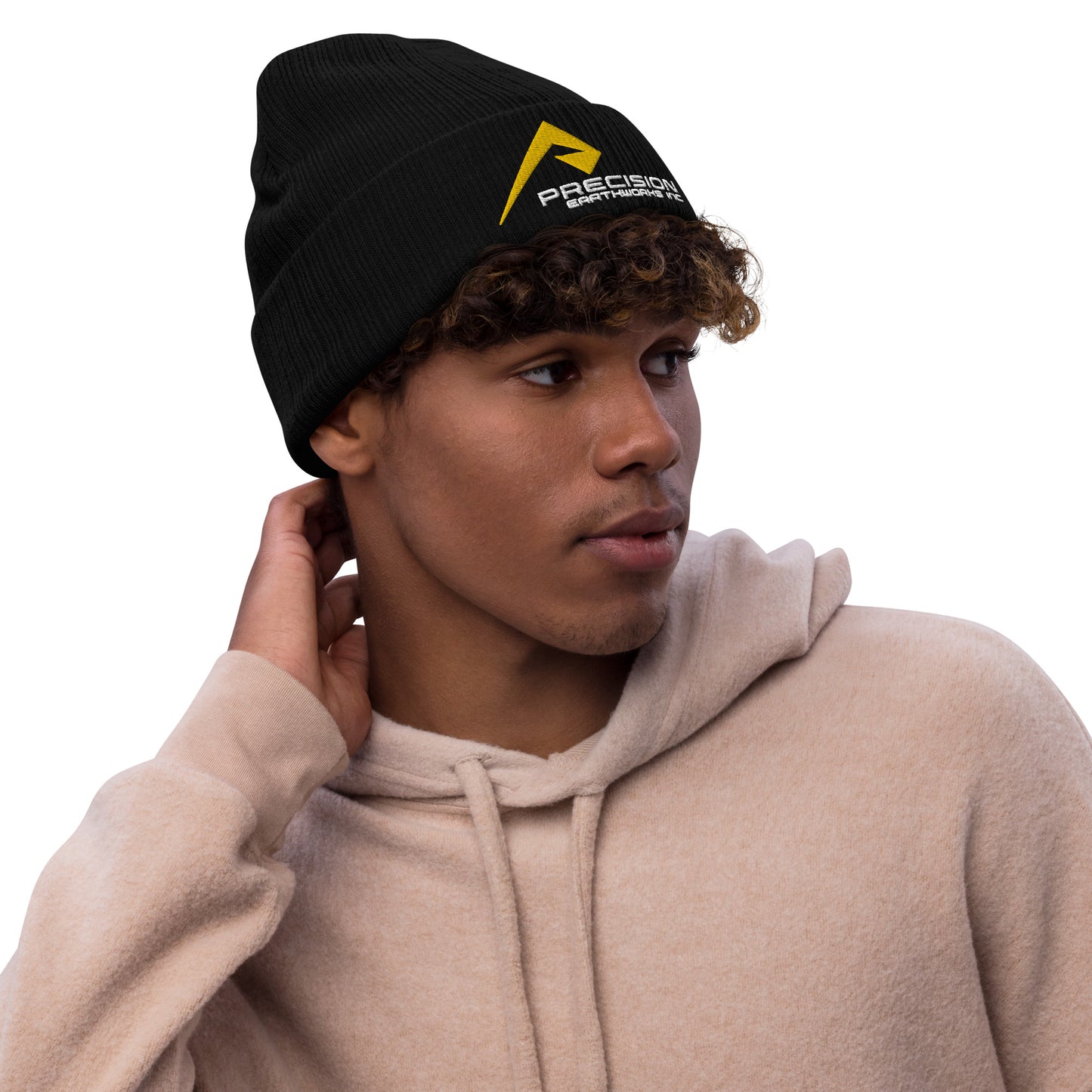Beanie "PRECISION EARTHWORKS INC" Embroidered in Classic White & Gold on Basic Black