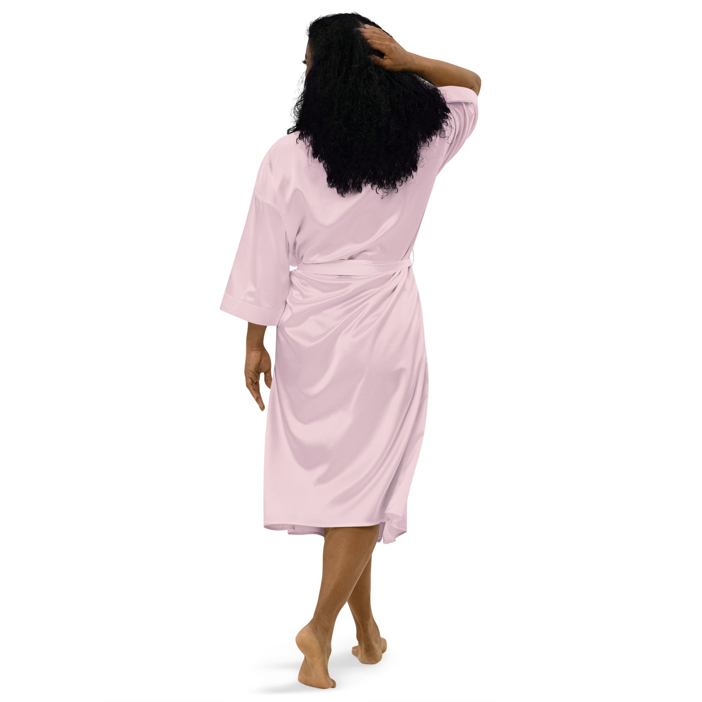 Satin Robe "WAKE ME FOR CHAMPAGNE" Embroidered in Classic White on Light Pink